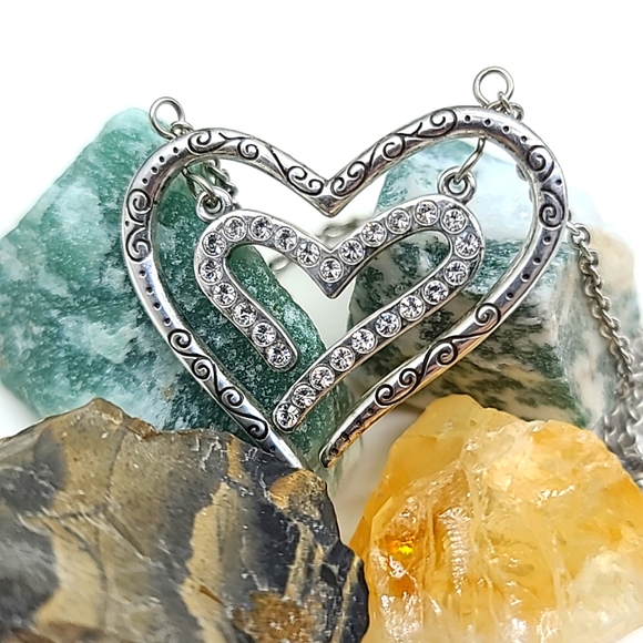 Brighton "LOVE STRUCK" Modern Openwork Double Heart Pendant w Inset Crystals π€ - Picture 3 of 10